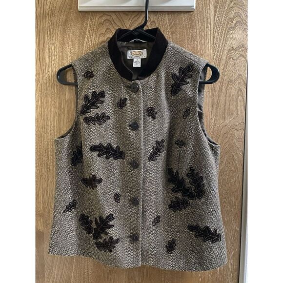 Talbots Vest Womens Small Petite Brown Wool Silk Herringbone Tweed Velvet Leaves - Picture 1 of 13